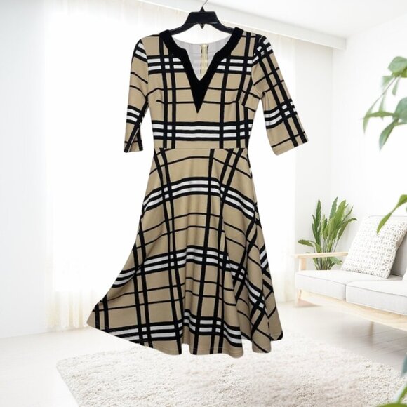 SHEIN Tan & Black Plaid Fit-and-Flare Dress w/ Pockets • Size Small - Picture 5 of 14